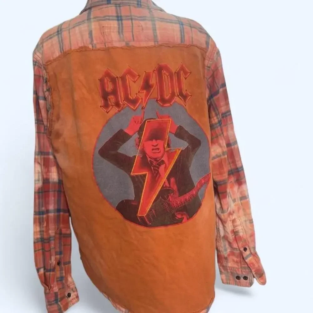 AC/DC Upcycled Flannel Shirt Rock Band Graphic Distressed Grunge